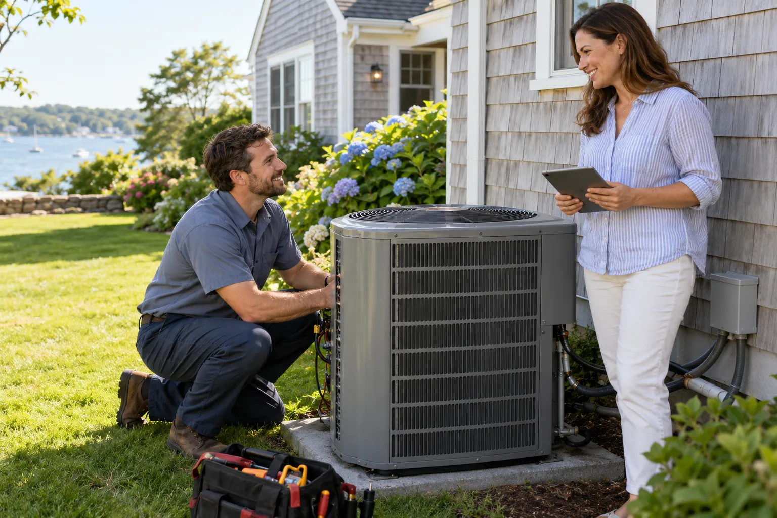 Friendly HVAC provider checking an outdoor air conditioner while a homeowner looks on, near a California home
