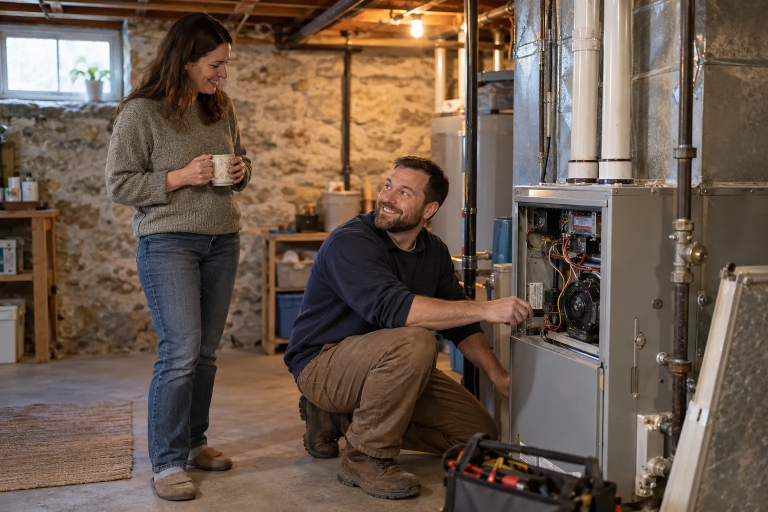 A friendly local provider checking a furnace in a California home basement while a homeowner looks on
