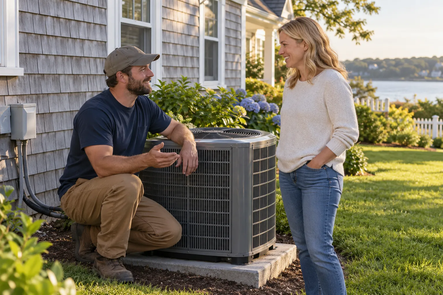 A homeowner talking with a friendly HVAC provider beside an outdoor AC unit at a California home